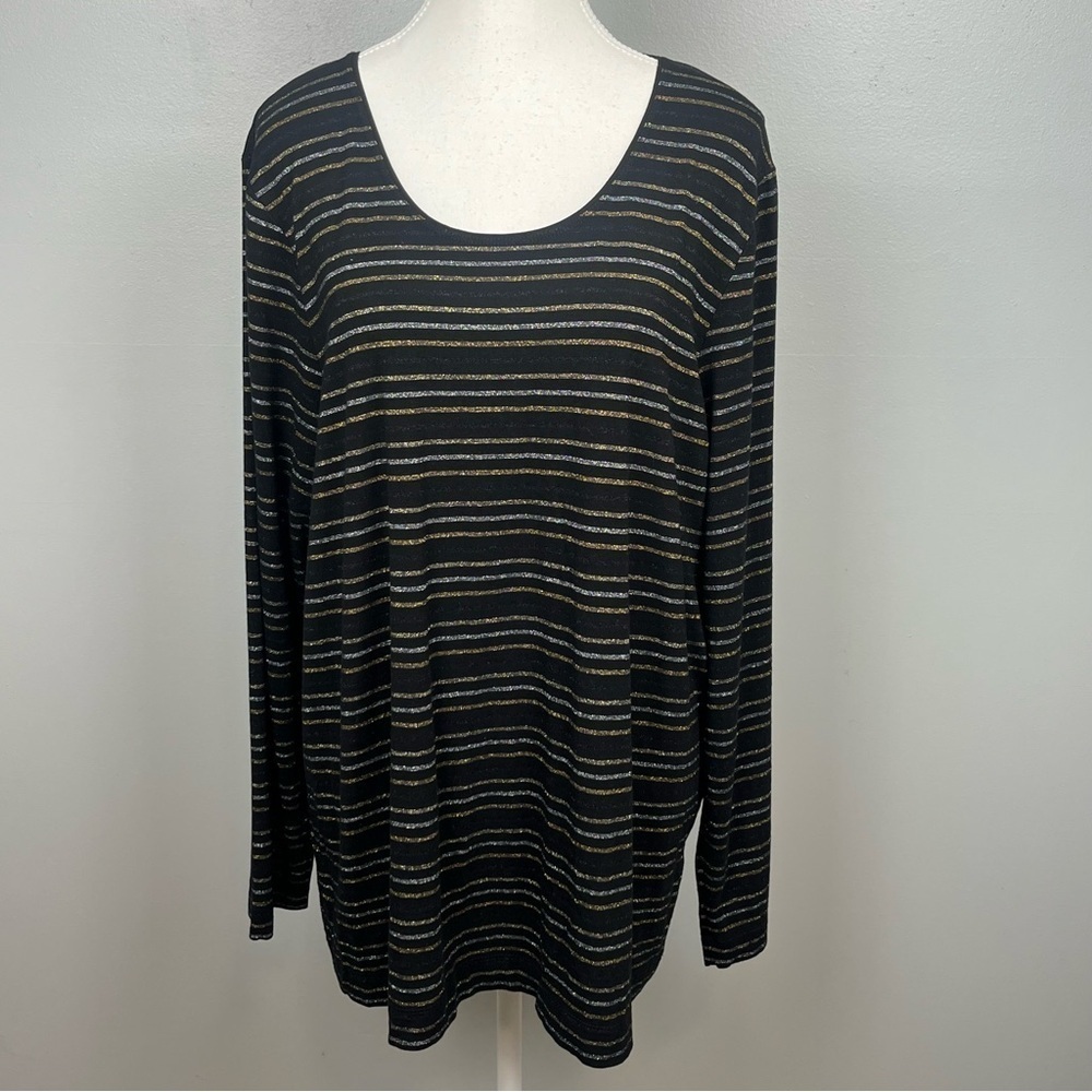 Chico’s black gold silver striped scoop neck t-shirt top, size 4 = XXL.